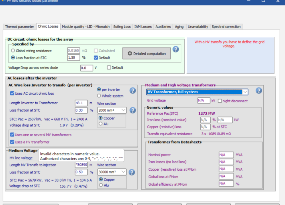 MV Line Loss In PVSyst Ohmic Losses Detailed Losses Problems Bugs